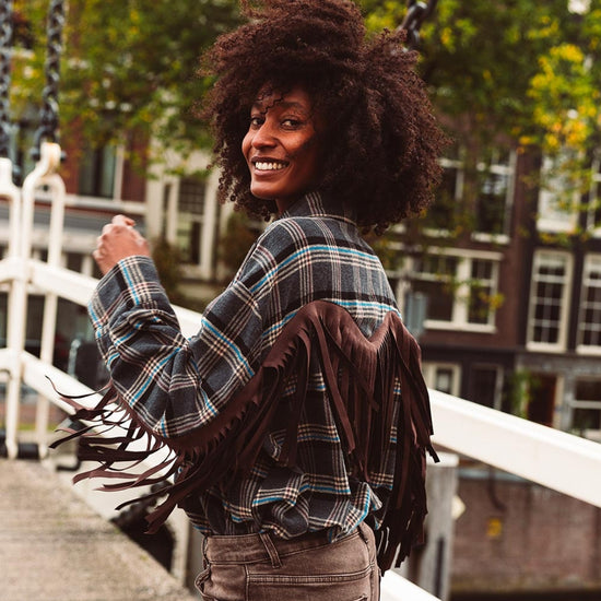 Blouse ruit franje zwart achterkant - Liefs uit Zierikzee