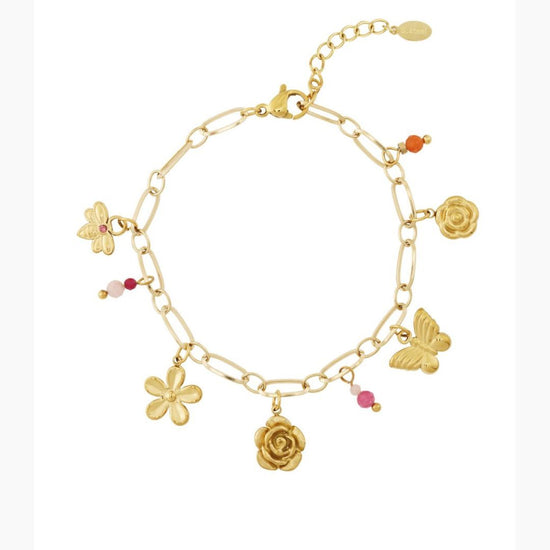 Bedelarmband Stainless Steel | Goudkleurig met Bloemen & Vlinders