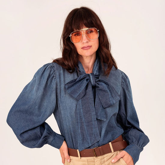 Jeansblouse met Lange Pofmouw en Strik